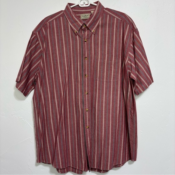 LL Bean Striped Button Down Casual Short Sleeve Shirt Men's XL Red Cotton Casual - Picture 1 of 6